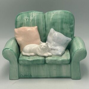 Flavia Pottery Cat Kitten Mini Couch Sofa Trinket Box Sleeping Pastel Whimsical